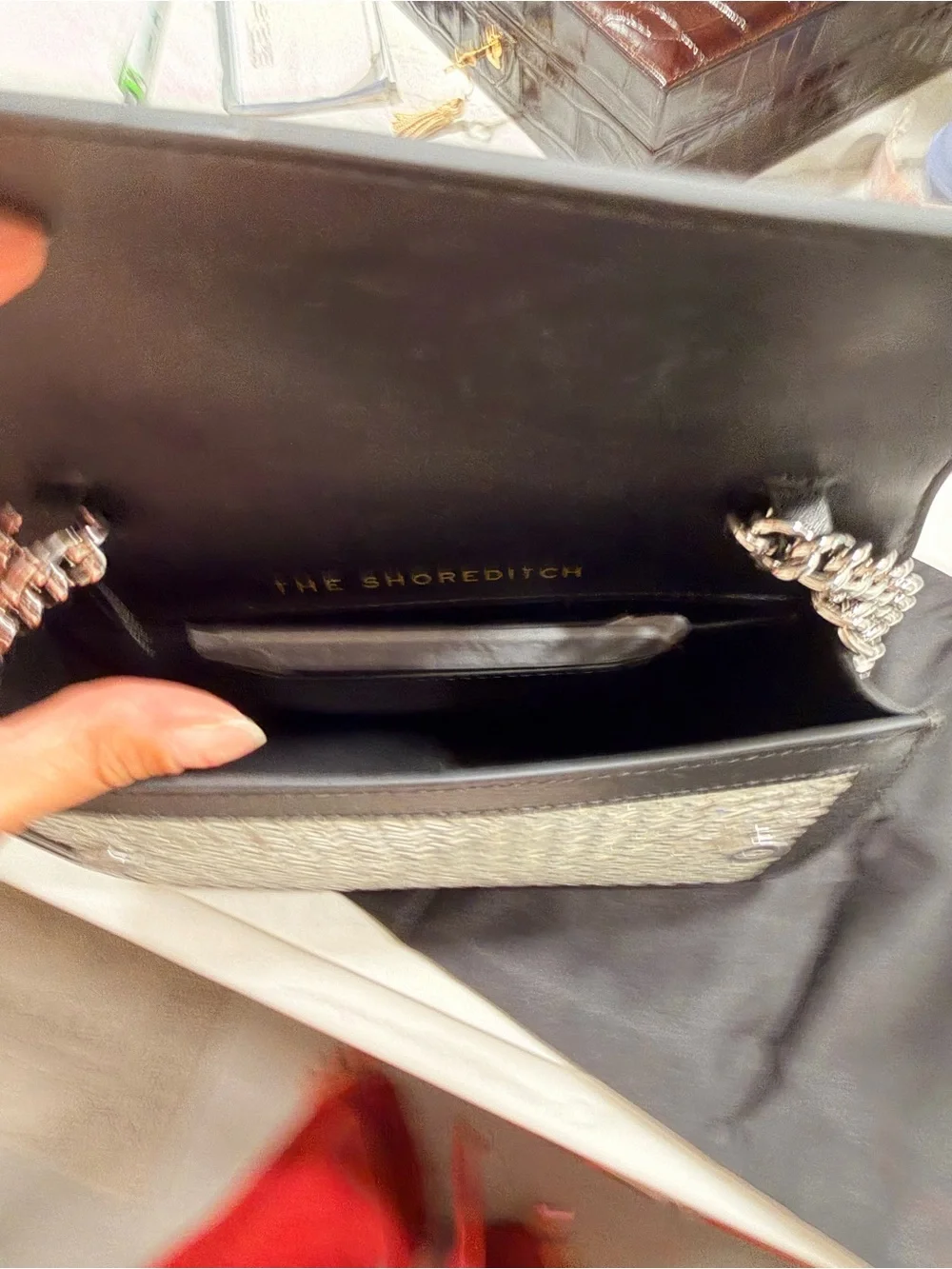 Kurt Geiger Silver Mirror Woven Crossbody with Black Trim and Silver Chain Strap